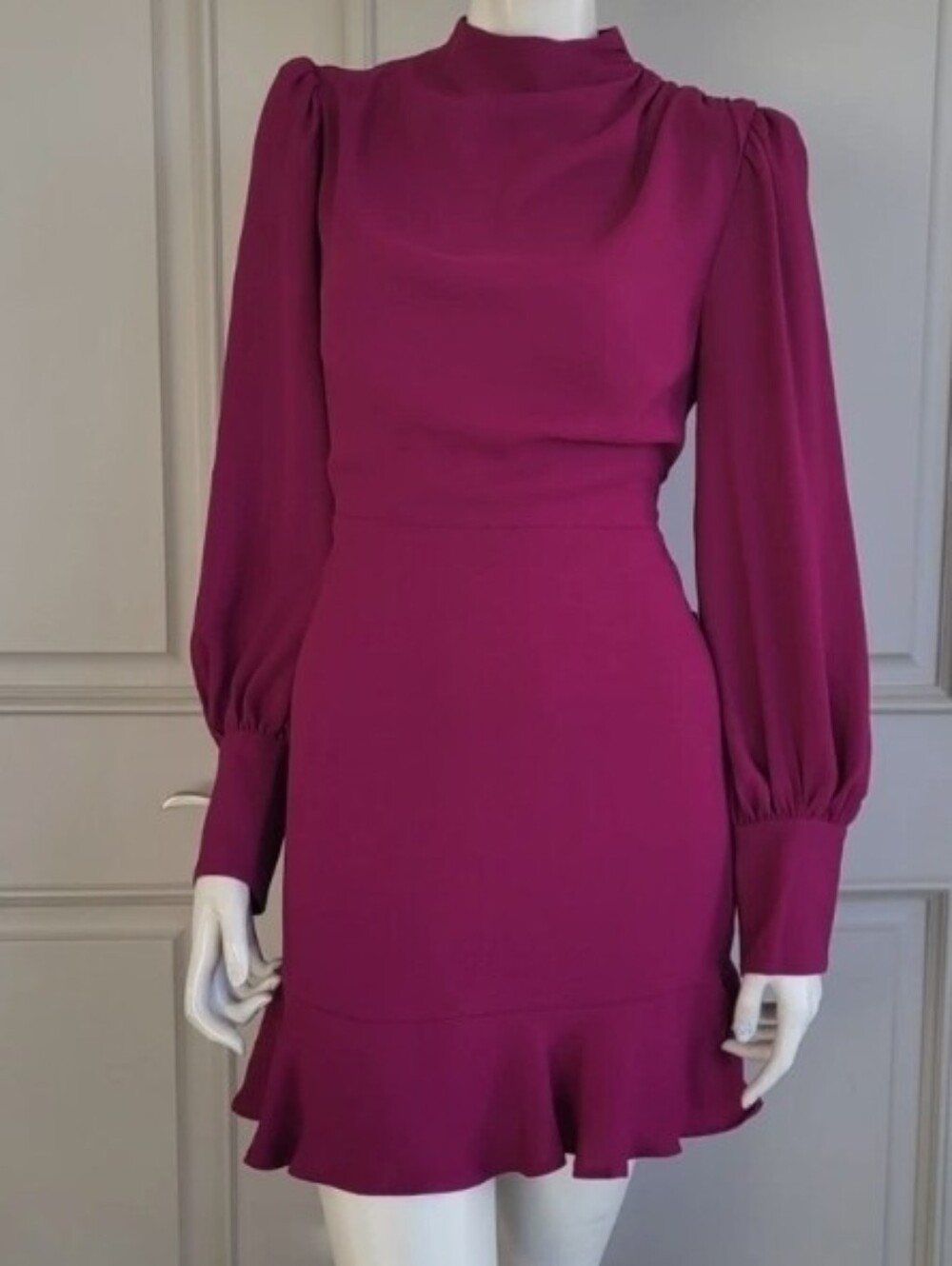 Express Burgundy High-neck Long Sleeve Ruffle Hem Dress